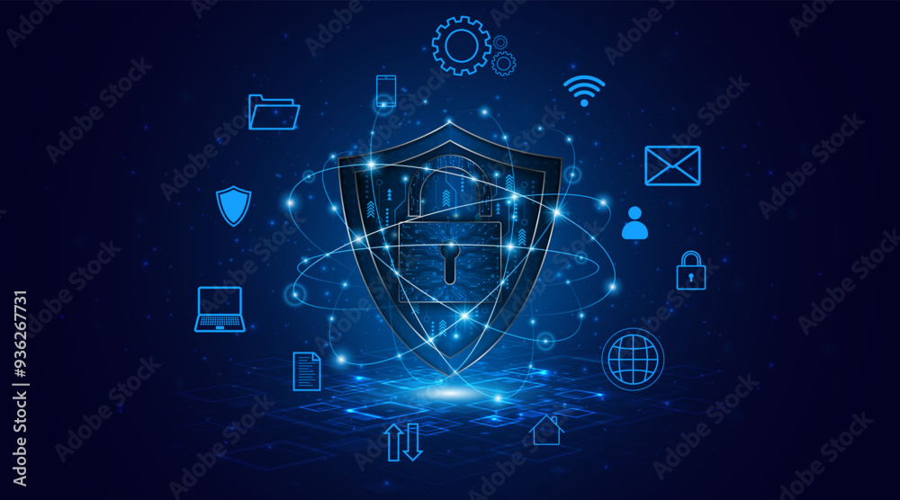 Poster Cyber ​​security concept with shield symbol and lock. Data protection and cyber privacy. Innovative concept of advanced safety technology	