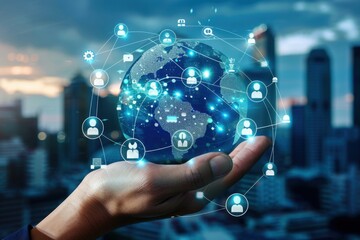 A hand holding a globe with social media icons and a network of business people, set against a modern cityscape background, representing the global digital technology Generative AI
