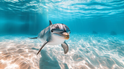 Obraz premium Dolphin swimming in clear blue water over sandy bottom