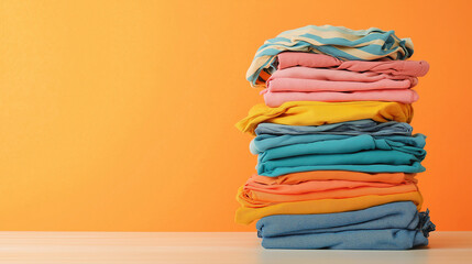 Stack of colorful clothes sitting on table with orange background