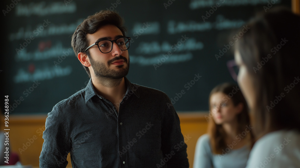Poster young man participating in university lecture looking away from camera