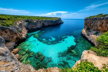 Fototapeta premium A secluded cove with turquoise water surrounded by lush green cliffs. The sky is blue and the water is clear.