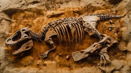 Naklejka premium dinosaur skeleton in Archaeological excavation site with fossilized bones in deep soil 