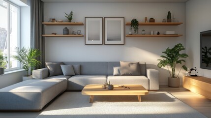"Modern Living Room Interior: Bright Space Featuring a Grey Sofa, Coffee Table, and Sleek Shelf Units, Creating a Stylish and Contemporary Atmosphere"