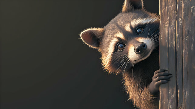 Raccoon Peeking from Behind a Wooden Post with Curious Eyes and Copy Space