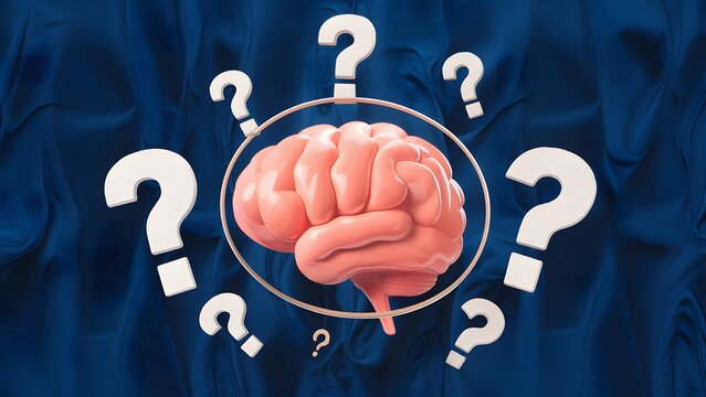 A vivid illustration shows a human brain surrounded by question marks, symbolizing curiosity and the quest for knowledge about mental processes and cognition.