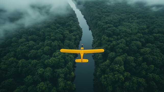 Yellow plane flying above river through forest aerial view