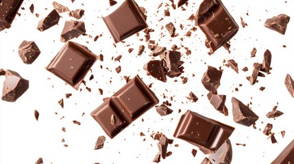 "Chocolate Bar Pieces Falling: Isolated Milk Chocolate Fragments and Cocoa Crumbs Exploding Against a White Background, Top View for a Delicious Flat Lay Pattern"