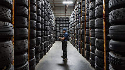 Warehouse worker checking inventory using digital tablet surrounded by tires
