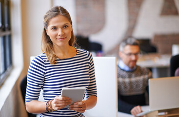 Businesswoman, portrait and tablet in office for information, planning and online for schedule management. Female supervisor, tech and digital with pride for calendar, check workflow and performance