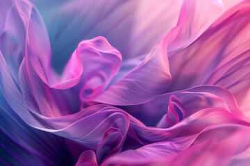 Fototapeta premium Pink purple flying flowing fabric background. Colorful abstract swirl of flowing petals in soft focus illuminated by natural light. Delicate petals in vibrant hues, elegant abstract composition.
