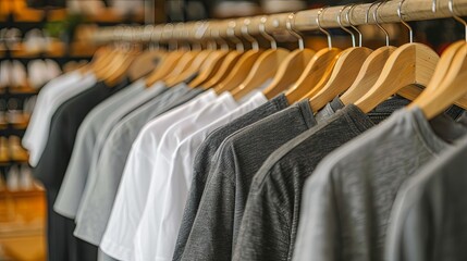 Grey and white t shirts on wooden hanger in store