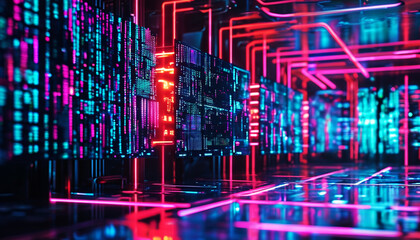 Complex data matrix with floating AI interfaces and bright neon highlights. Fractal patterns, blurred image,.