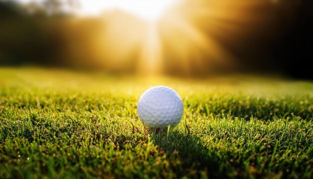 A close-up shot of a golf ball resting on lush green grass during sunset, capturing serene moments in golf.