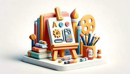 3D Flat Icon of Art Supplies and Easel Concept in Academic and Creative Education Setting   Minimalist Design with White Background   Symbolizing Integration of Learning   Adobe St