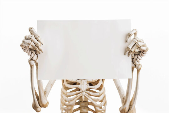 Halloween template - skeleton holding blank sign against white background. Skeleton stands upright, holding empty white paper sign in front of its chest, with white backdrop highlighting scene.