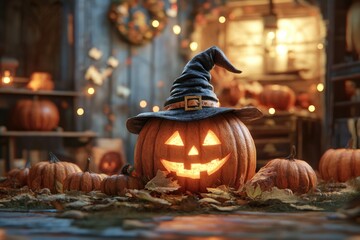 Spooky Halloween Jack-o'-Lantern Wearing a Witch Hat