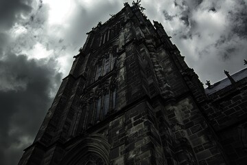 Obraz premium Gothic Church Tower Under Cloudy Sky.