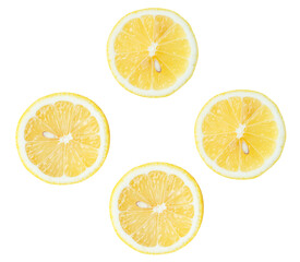 Top view set of fresh yellow lemon fruits in halves isolated with clipping path in png file format