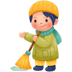 Muslim Boy Sweeping The Floor Watercolor