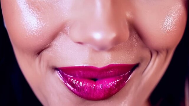 Smiling woman with flawless teeth and pink lipstick exudes confidence and happiness, emphasizing perfect dental care and hygiene