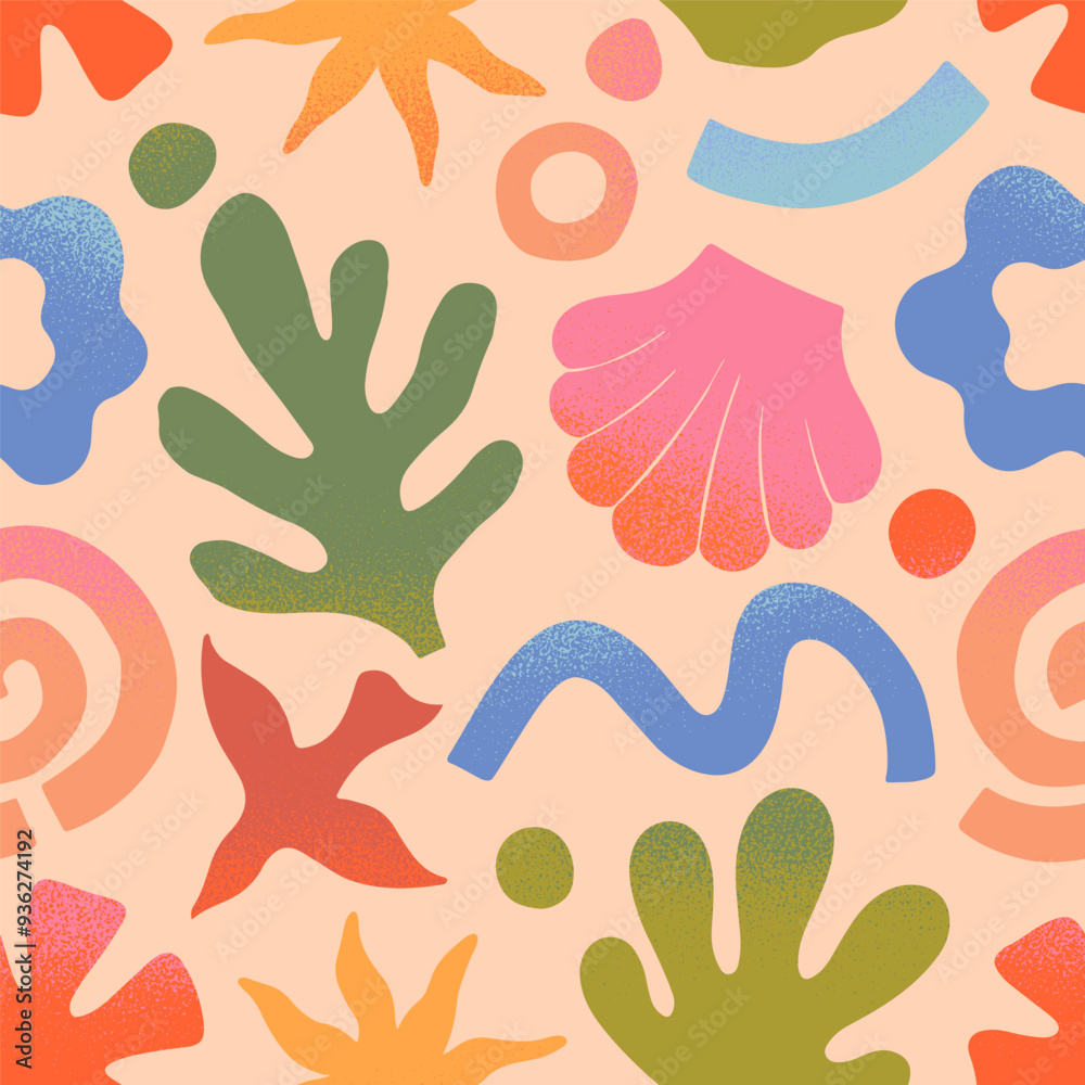 Wall mural vector summer nature artistic seamless pattern with hand drawn palm,sun,coral,seashell,wave.trendy d