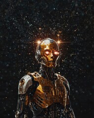 A golden humanoid robot with intricate mechanical features, round eyes, and a futuristic design, set against a starry space backdrop, evoking advanced technology and space exploration. Ai-Generated