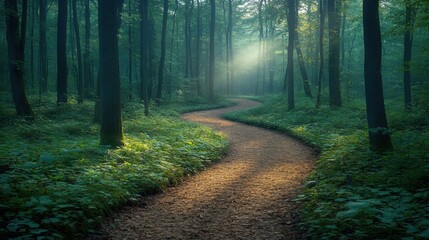 Fototapeta premium Serene forest path illuminated by sunlight through tall trees in tranquil morning atmosphere.