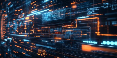 Fototapeta premium Futuristic holographic interface with glowing lines and data visualization of ai