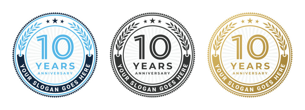 10 years anniversary logo design template set isolated in gold, black and blue colors
