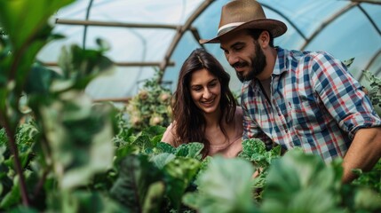 A farmer couple Together they farm organic vegetables in greenhouses to produce vegetables for health and sustainability.