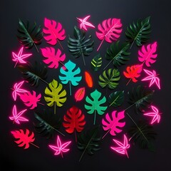 Creative Neon Flat Lay of Tropical Leaves background
