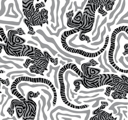 Tiger Art Seamless Pattern On grey background Wallpaper illustration Vector, Safari Wildlife, Tiger Seamless Pattern, Tiger Print, Animal PrintAdobe Illustrator Artwork