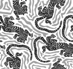 Tiger Art Seamless Pattern On grey background Wallpaper illustration Vector, Safari Wildlife, Tiger Seamless Pattern, Tiger Print, Animal Print © olga_milagros