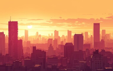 Fototapeta premium city Skyline at Sunset, Featuring Sun Setting Behind Tall Buildings and Clouds in the Sky