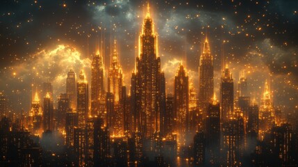 Obraz premium Illuminated cityscape at night with towering skyscrapers and glowing lights in urban setting