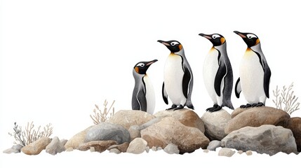 A charming illustration of four penguins standing on rocks, symbolizing friendship and unity in a serene nature setting.