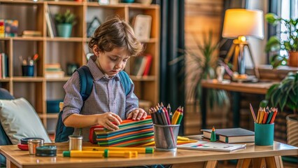 A student carefully organizing their new school supplies at their desk, preparing for the upcoming school year