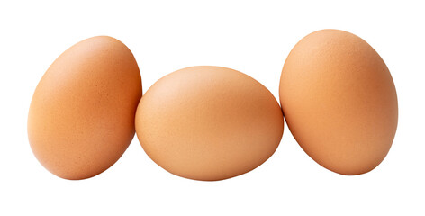 Three fresh brown chicken eggs in stack isolated with clipping path in png file format