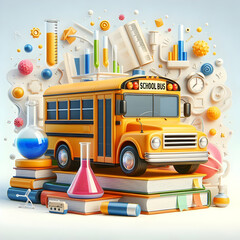 3D Flat Icon School Bus with Books and Science Experiment | Whimsical Hands on Learning Concept on Isolated White Background