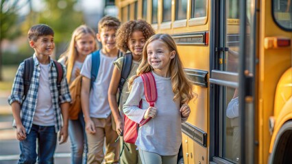 Students boarding or riding the school bus, marking the beginning of their daily school routine.