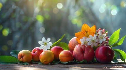 Springtime scene, fruit flowers on wooden table, bright sunlight, fresh and colorful blooms, cheerful and natural