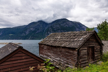 View of traditional Norwegian cabin, Norway.