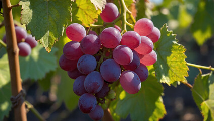 Bunch of pink grapes with green leaves