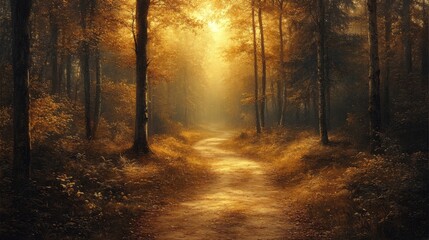 Obraz premium Serene forest path illuminated by golden sunlight during an autumn morning walk