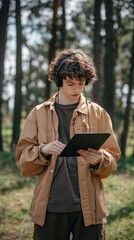 A person with curly hair listens to a movie on headphones, focused on a tablet in a serene forest environment