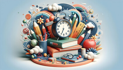 Back to School 3D Flat Icon Concept with Books, Clock, and School Supplies on Whimsical Background