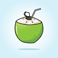 Fresh young green coconut juice with straw ready to drinking. vector cartoon illustration