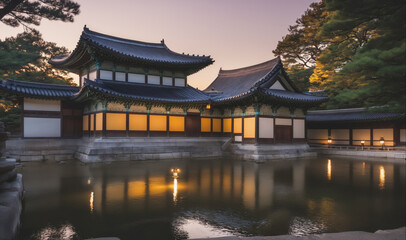 Obraz premium The Gyeongbokgung Palace in Seoul, South Korea, is illuminated by the soft glow of lanterns during dusk