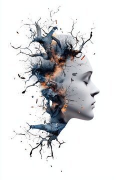 A creative illustration of a human head exploding with abstract elements, representing ideas, imagination, and artistic expression.